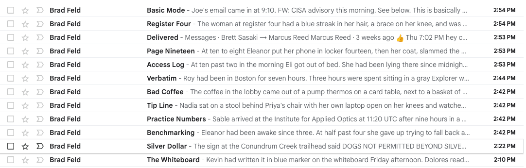 Twelve chapter emails stacked between 2:10 and 2:54
